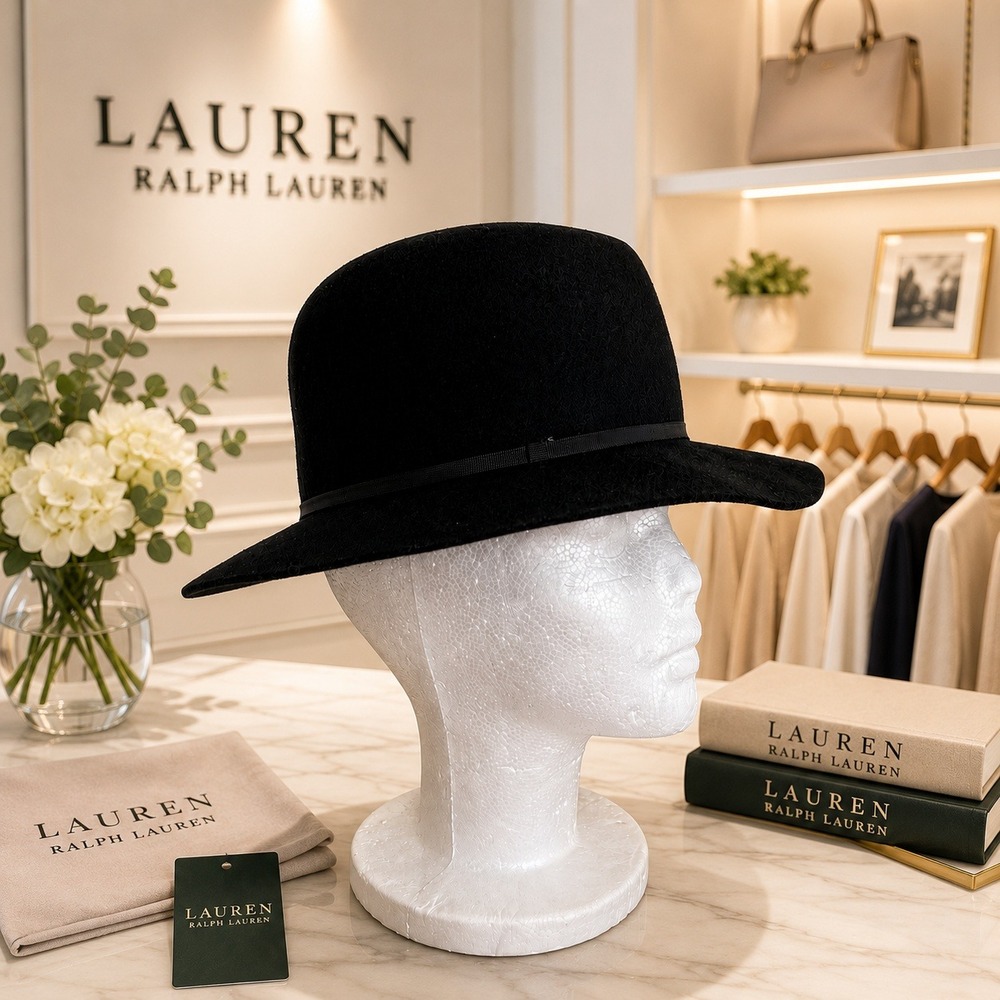 Ralph Lauren Black Wool Felt Fedora Hat Womens Size Medium NWT Western Boho